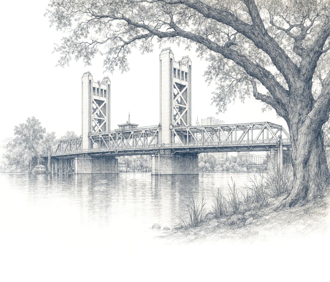 Pencil drawing of the Tower Bridge over the Sacramento River